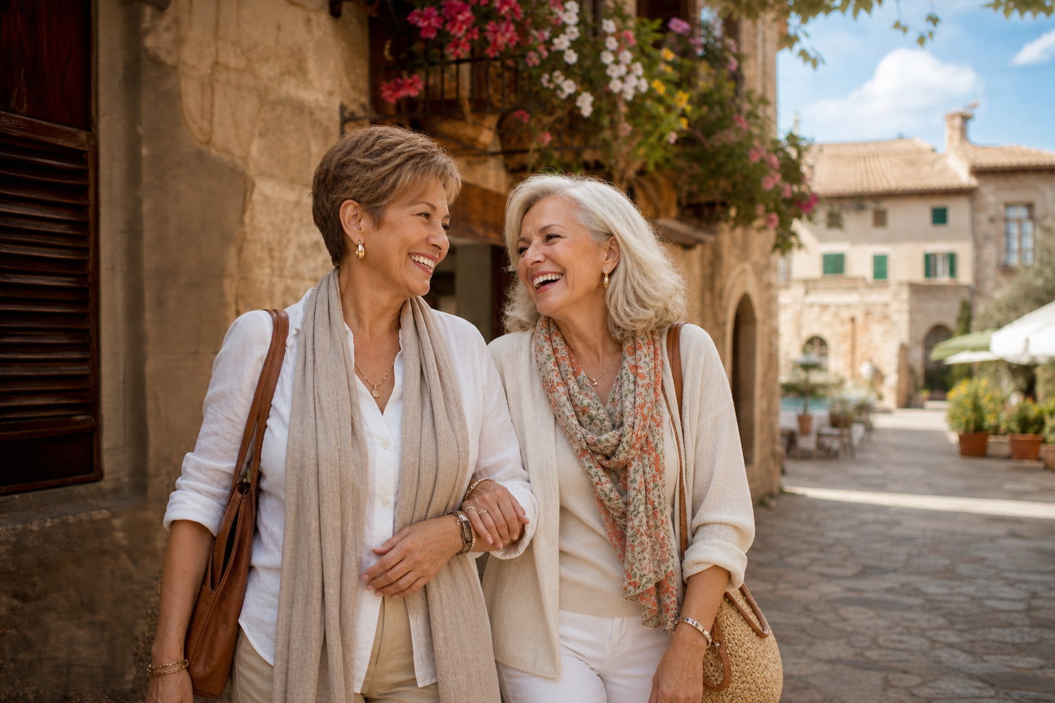 Dos amigas disfrutando juntas una calle histórica de España