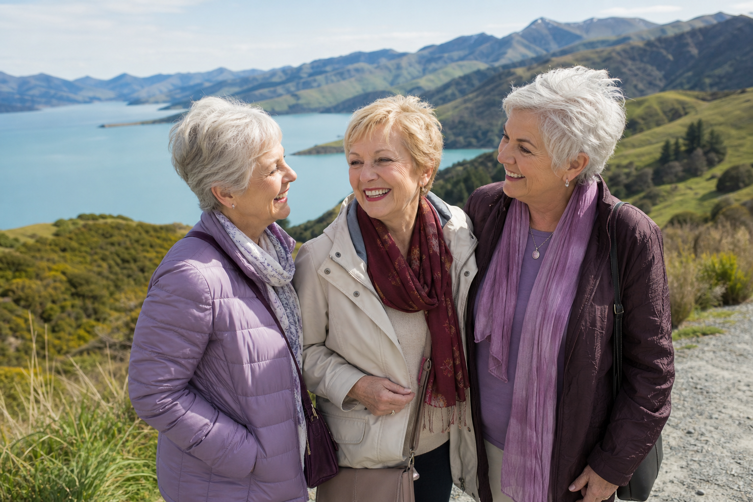Tres amigas disfrutando un paisaje de Nueva Zelanda