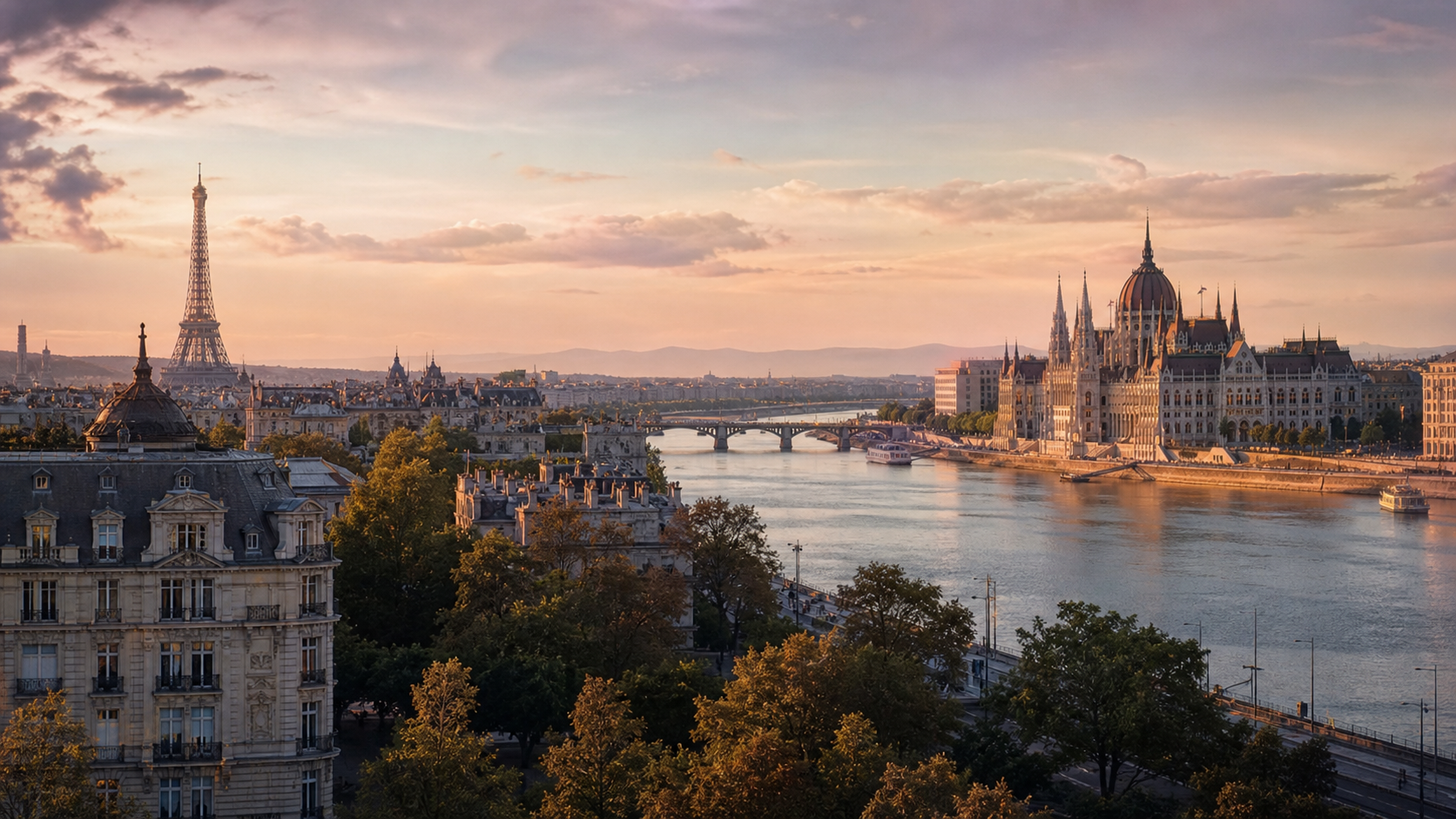 Vista panorámica de París y Budapest al atardecer