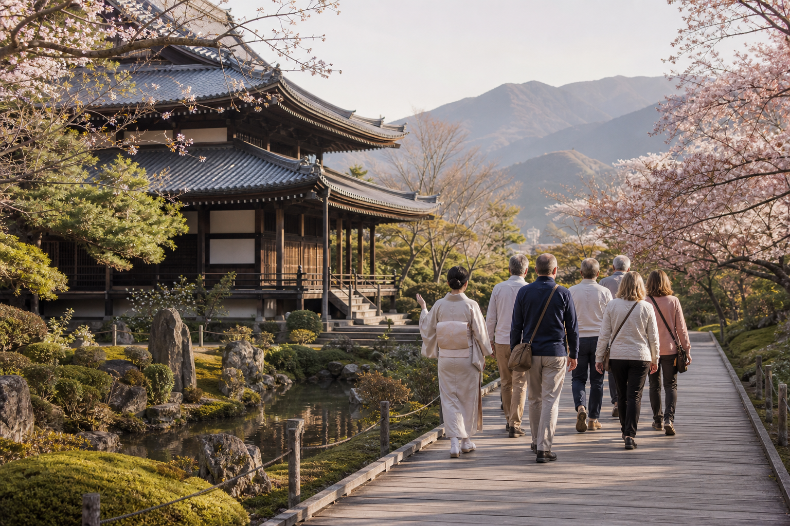 Grupo de viajeros recorriendo un jardín tradicional en Japón